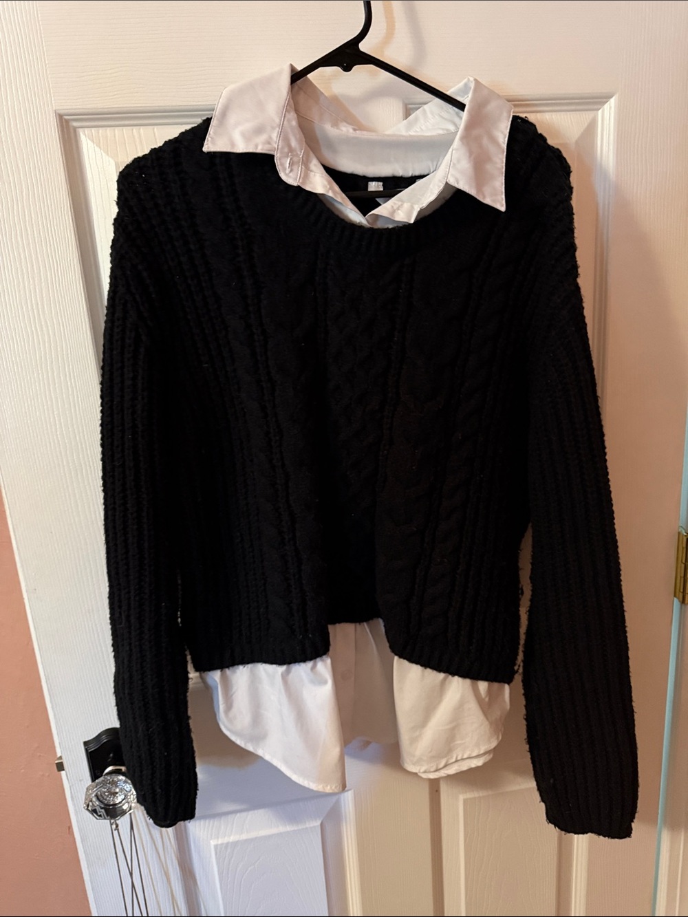 No Boundaries Black Cable-Knit Sweater with White Shirt-Layer